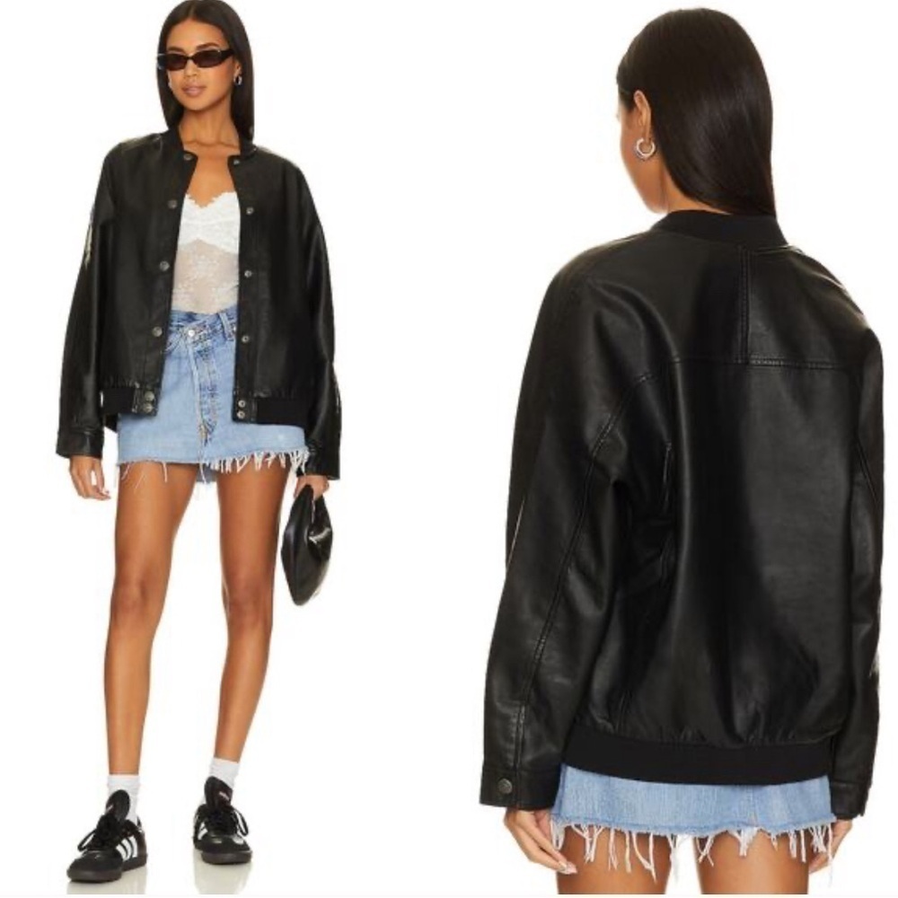 We the free Wild Rose Vegan Leather Bomber Jacket Black Free People Size XL NWT
